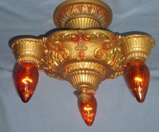 VINTAGE ART DECO CAST METAL SEMI/FLUSH CEILING FIXTURE 3 LIGHT ROMANESQUE FINISH