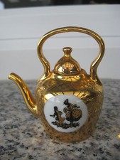 MINI BOUILLOIRE PORCELAINE LIMOGES BELLES DORURES + COUPLE DORE 8 cm hauteur