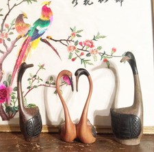 LOT Statuette Oiseaux Cygnes en bois X3