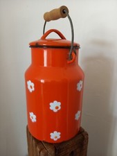 Pot Broc Lait Émaillé Orange Vintage décor fleurs déco cuisine poignée bois 