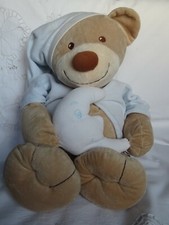 GROS OURS ET LUNE NATTOU 50 CM  PELUCHE BEIGE BONNET BLEU VESTE BLANCHE 