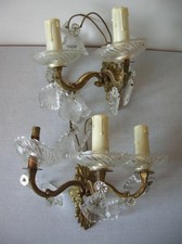 Paire d'appliques lampe luminaire 2 et 3 feux avec pampilles en verre et bronze