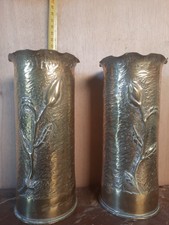 PAIRE Douille d'obus en laiton sculpture de Poilu 14/18