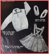 CSK001 VINTAGE KNITTING PATTERN Sweater Pantoufles et-tablier 2 To 4 ans