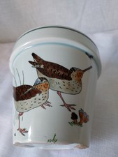 Cache-pot bleu clair GIEN, décor oiseaux chevalier grivelé, insectes, champignon