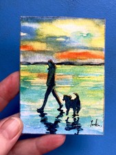 ACEO Aquarelle originale 3.5’’: 2.5’’ Balade Avec Chien Plage Coucher De Soleil