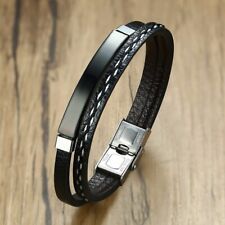 ⭐️ Bracelet homme femme en cuir noir tressé et acier inoxydable T19/21/23 cm ⭐️