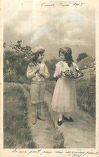 CP PETIT GARCON ET PETITE FILLE SUR CHEMIN AVEC BRANCHE PLATEAU - 21576