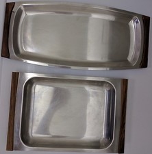 Stainless Steel with Wood Handles Serving Trays Set of 2 Scandinavia 1960's