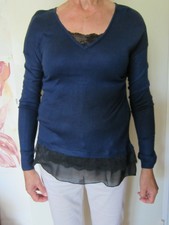 très joli pull fin bleu canard CAMAIEU , dentelle et voile au bas T1