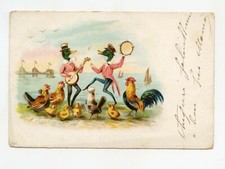 illustrateur non signé . Oiseaux humanisés . Canards, poules, coq et poussins