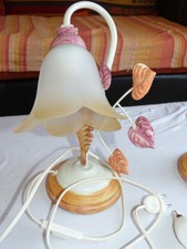 LAMPE DE CHEVET AVEC FEUILLAGES ET TULIPE - EN FER PEINT CREME et MARRON ORANGE