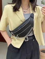 Sac Banane Noir Zippé Femme Neuf 100% En Similicuir Ajustable Argenté Chaine FR