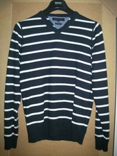 Pull TOMMY HILFIGER knit bleu & blanc blue col V neck taille size small cashmere