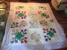 Vintage 30's Folk Art Applique flower basket Horses Summer Spread Quilt Top Wow!
