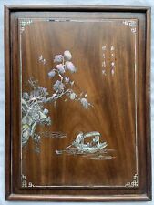 Panneau, marqueterie, nacre, signé, décor asiatique, bois exotique,