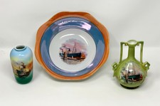 3 Pièces De 1930s Allemand Lustre Avec / Vaisseau Port Scènes - Excellent État