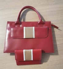 Sac + porte monnaie à main vintage années 70 en cuir rouge 