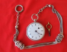 Montre coq gousset en argent massif mouvement mécanique avec sa chatelaine