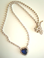 Chaine + pendentif coeur argenté brillant et pierre bleu Art déco vintage rétro 