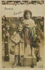 CP BONNE ANNEE PETITE FILLE GRANDE ENVELOPPE GARCON PIPE PANIER 10607
