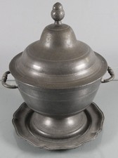 POT ETAIN Soupiere Plateau Anses Couvercle Decoration Art Table Ustencils  E