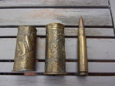 2 x douille obus laiton ciselée 1917 + 1919 WW1 + 1  DE 12 /7