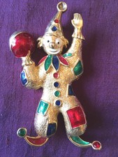 Ancienne Très Grande Broche dorée et émaillée Clown