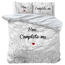 Parure Housse de Couette+Taies Oreiller Coton Set 2/3 pcs Blanc Gris Rouge Cœur