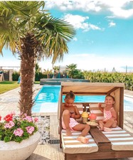 Chaise Longue pour Enfants 3-8 Ans Double Place en Bois avec Auvent Porte-gobele