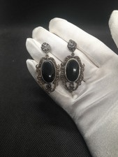 Boucle D'oreille Vintage Argent, Onyx Et Marcassite
