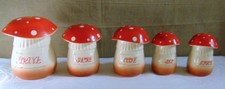 ANCIENNE SERIE DE 5 POTS A EPICES FAIENCE CHAMPIGNON AMANITE ORIGINAL