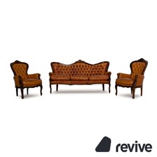 Chesterfield Cuir Canapé Ensemble Braun Vintage Deux Places Fauteuil