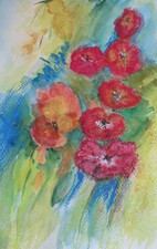 TABLEAU CONTEMPORAIN PEINTURE AQUARELLE +PASTEL MODERNE FIGURATIF ABSTRAIT FLEUR