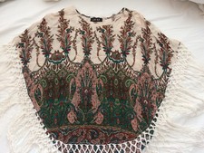 Haut/poncho LIU LI ? Beige frange manche chauve-souris paisley ? Taille Unique