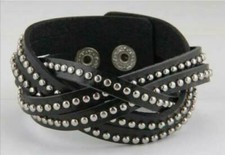 BRACELET CUIR  NOIR TRESSE UNISEXE AJUSTABLE de18 à 21cm à RIVETS EN INOX  BR140
