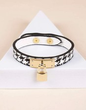 Bracelet Similicuir Noir Blanc Pied De Poule Neuf Femme Cadenas Mode Accessoire