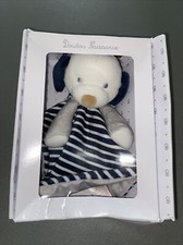 doudou plat chien blanc gris rayé rayures bleu marine OBAIBI Okaidi