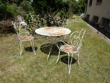 ANCIENNE TABLE DE JARDIN VINTAGE RONDE EN FER + 3 FAUTEUILS ART DECO