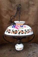 Lustre ancien en céramique et fer forgé (décor floral)