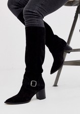 Free People Dahlia Black Suede Knee High Buckle Pointed Toe Slouch Boots 38, 8
