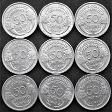 France 50 centimes Morlon alu toutes années 1941 à 1947B Lot 9 pièces de monnaie