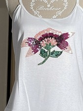 SUBLIME DEBARDEUR ESCADA SPORT T40 BLANC CASSE FLEUR EN PAILLETTES 100% COTON