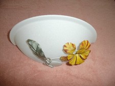 Applique murale vasque verre blanc moucheté, déco fleur jaune - Très Bon état