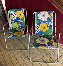 2 Fauteuils Chaises Pliants Camping/Pêche Vintage Metal+Bois décor Fleurs 70’s