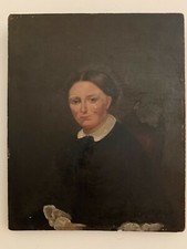 PORTRAIT DE JEUNE FILLE ASSISSE SUR FAUTEUIL 19EME SUR PANNEAU D ACAJOU  C1702