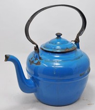 Vintage Fer Émail Peint Thé Bouilloire Pot Original Ancien Main Crafted