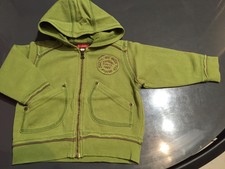 GILET SWEAT VERT GARCON CAPUCHE ZIP CONFETTI 12 MOIS TRES BON ETAT