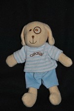 Peluche Doudou Chien Beige Bleu OBAIBI OKAIDI Cocard Short Pull Rayé 21 cm TTBE