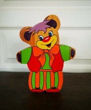 Ancien Vintage Tirelire En Bois FMF Made In France Avec Sa CLÉ Ours Clown H.20cm